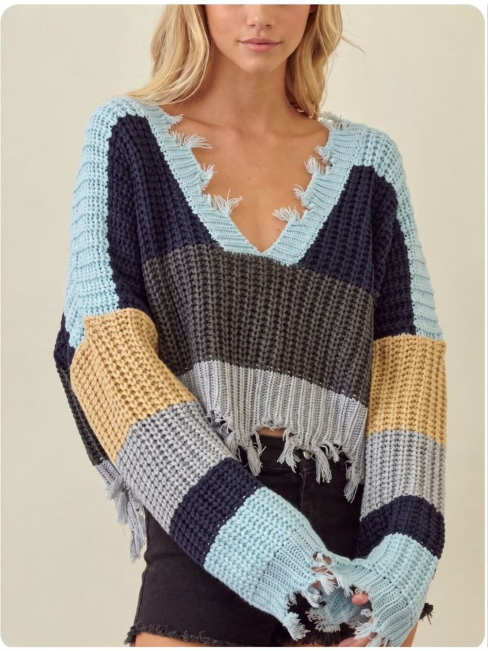 Storia Distressed Cropped V-Neck Knit Sweater Striped Colorblock Size M